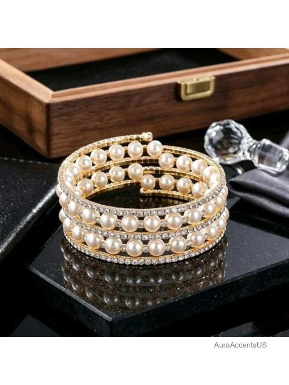 Gold Plated Rhinestone Pearl Cuff Bracelet Stretch Bangle for Women Bridal Party